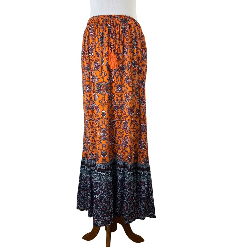 C EST 1946 Orange Floral Paisley Tiered Boho Maxi Pull On Skirt Womens 14/16